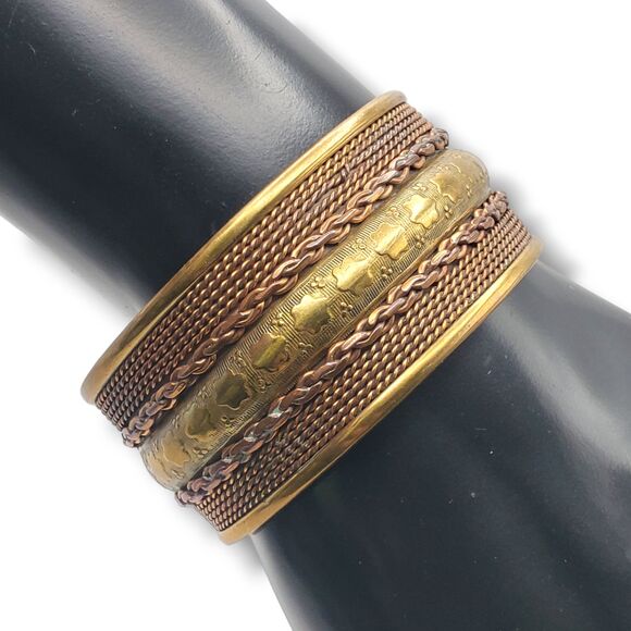 Wide Brass Copper Bangle Vintage Cuff Bracelet Mixed Metal Boho - Picture 2 of 9